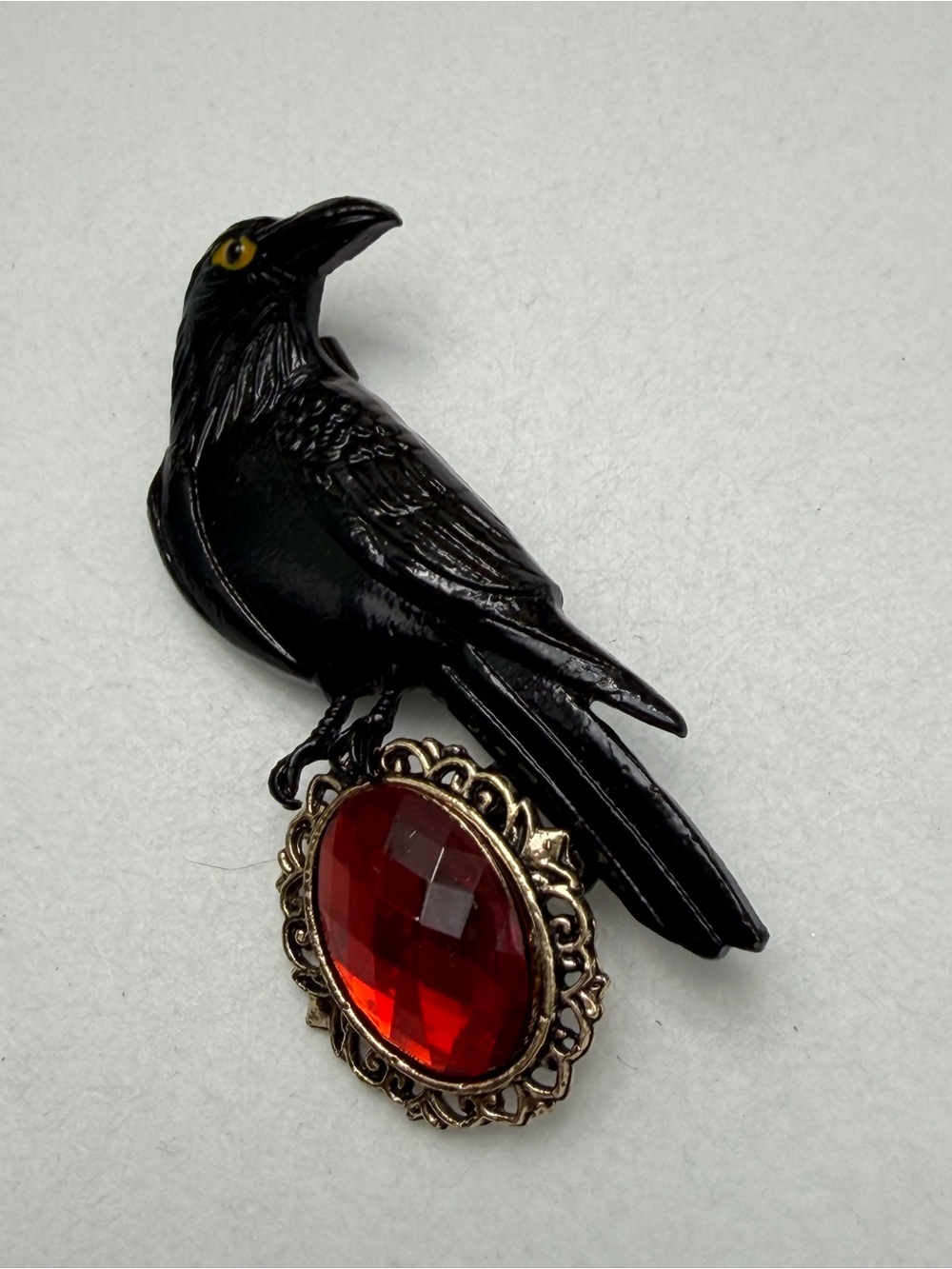 Black Raven Brooch with Red Gem - #H04